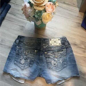 Miss Me Blue Jean Shorts with Distressed Details